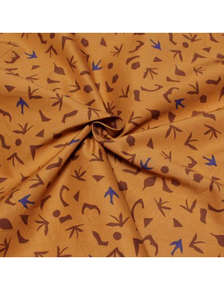 Percale 100% coton peigné luxe - Oiseau bleu & motif marron fond camel