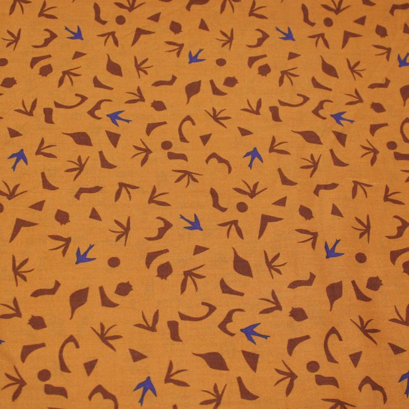 Percale 100% coton peigné luxe - Oiseau bleu & motif marron fond camel