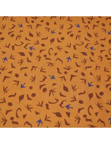 Percale 100% coton peigné luxe - Oiseau bleu & motif marron fond camel
