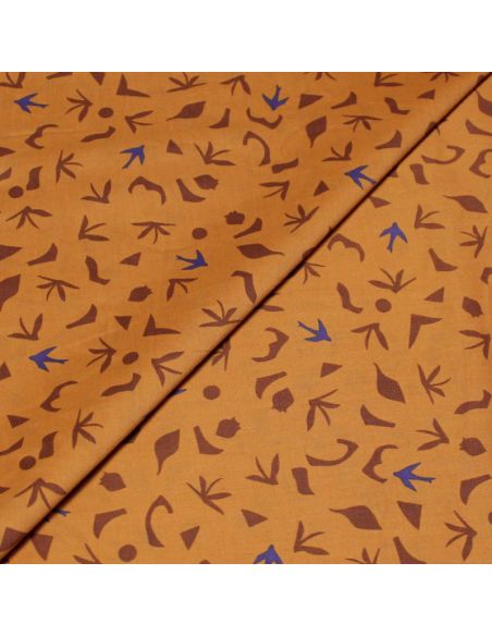 Percale 100% coton peigné luxe - Oiseau bleu & motif marron fond camel