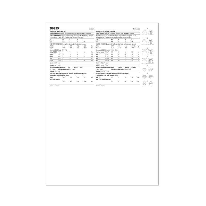 Patron Butterick 6935/A - Haut, culotte et chapeau