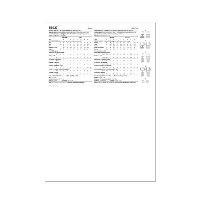 Patron Butterick 6937/CCE - Robe, barboteuse et chapeau