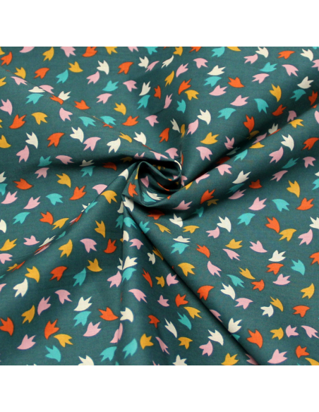 Percale 100% coton peigné luxe - Motif multicolore fond vert