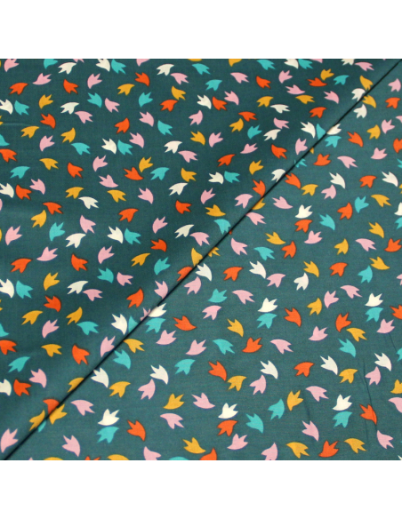 Percale 100% coton peigné luxe - Motif multicolore fond vert