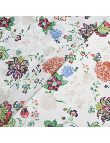 Voile 100% coton - Bouquet champêtre fond écru avec base