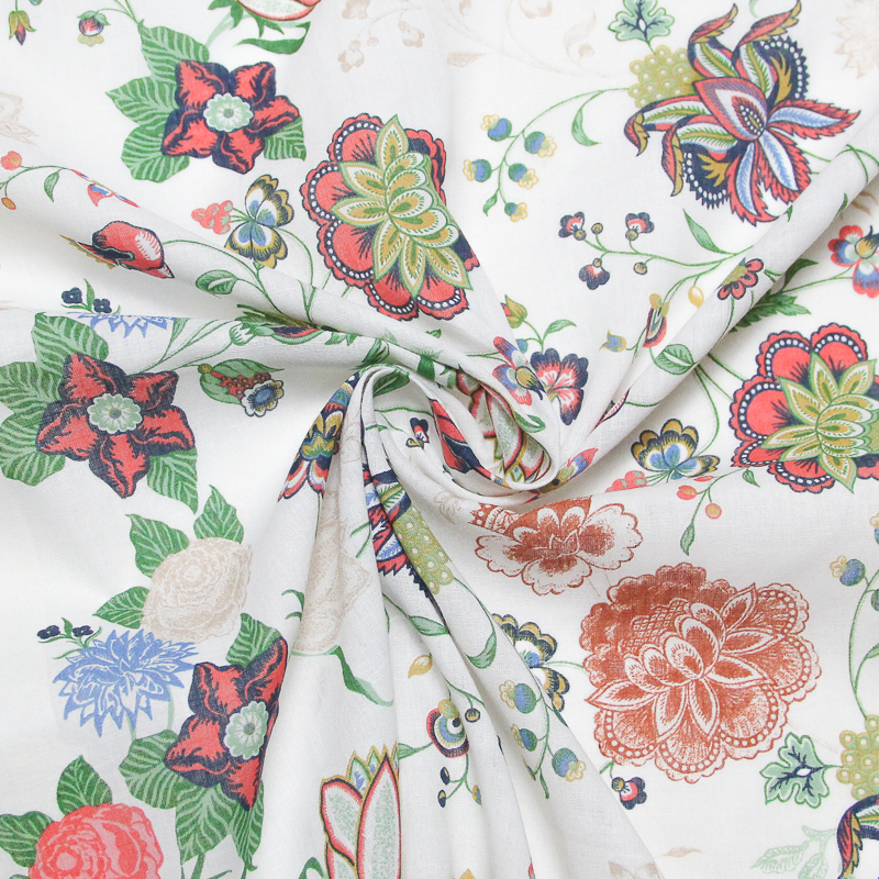 Voile 100% coton - Bouquet champêtre fond écru avec base