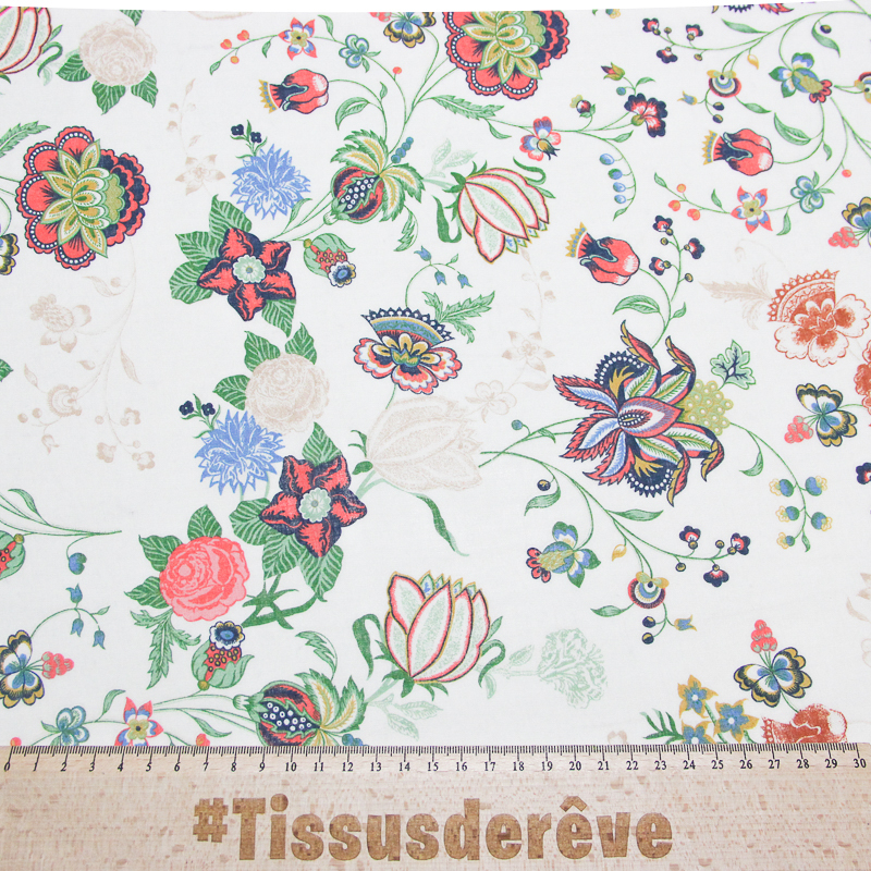 Voile 100% coton - Bouquet champêtre fond écru avec base