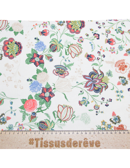 Voile 100% coton - Bouquet champêtre fond écru avec base