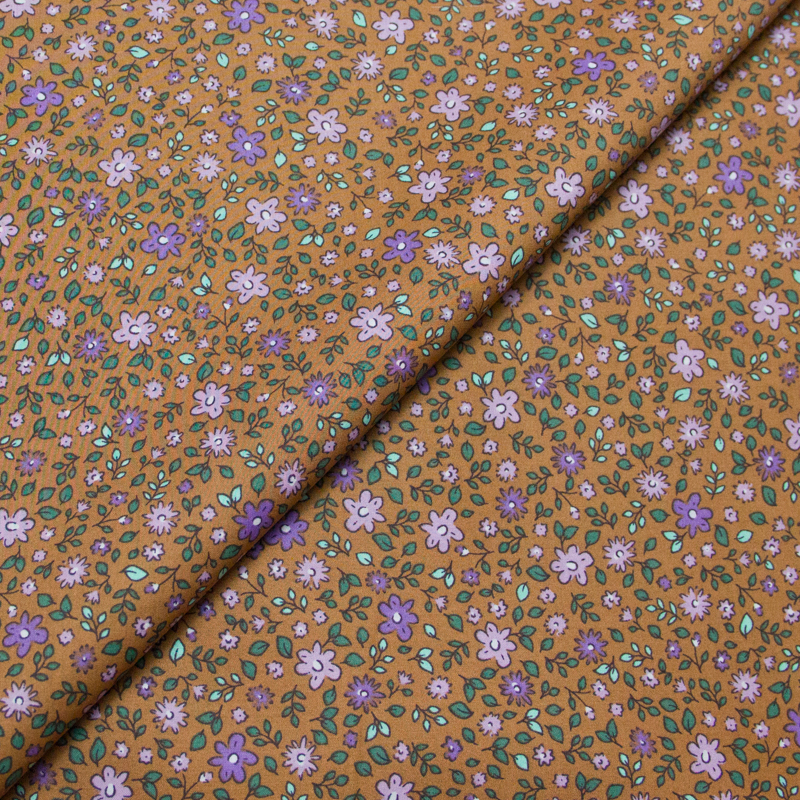 Percale 100% coton peigné luxe - Fleuri marron et violet