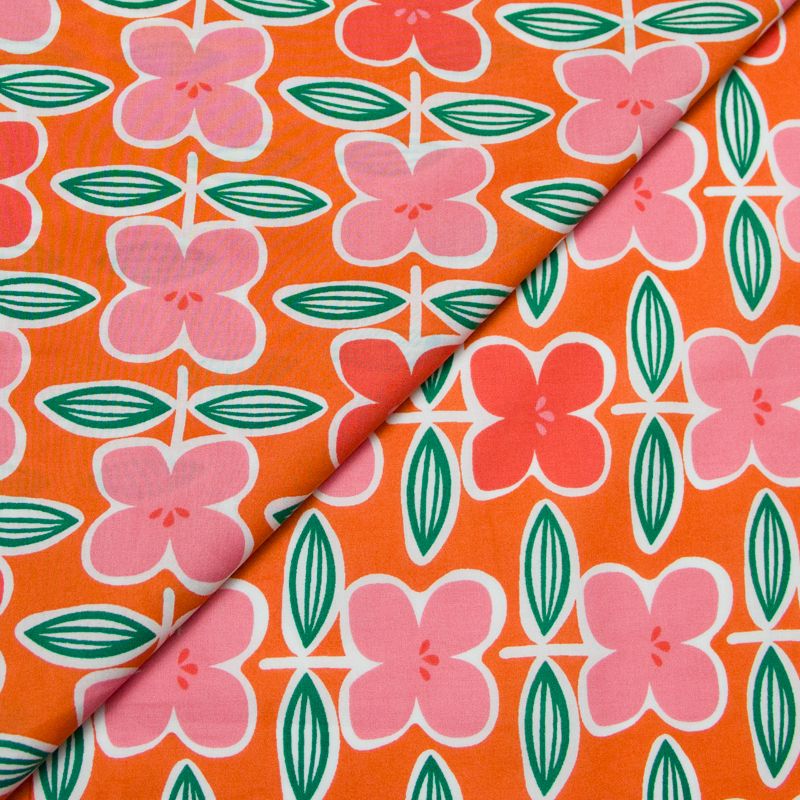 Percale 100% coton peigné luxe - Fleur rose fond orange