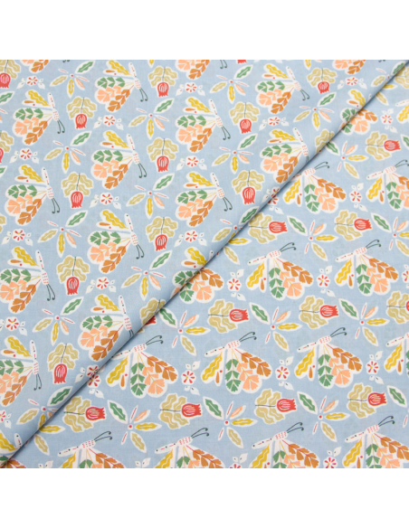 Percale 100% coton peigné luxe - Jardinet fond bleu