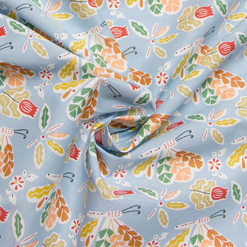 Percale 100% coton peigné luxe - Jardinet fond bleu