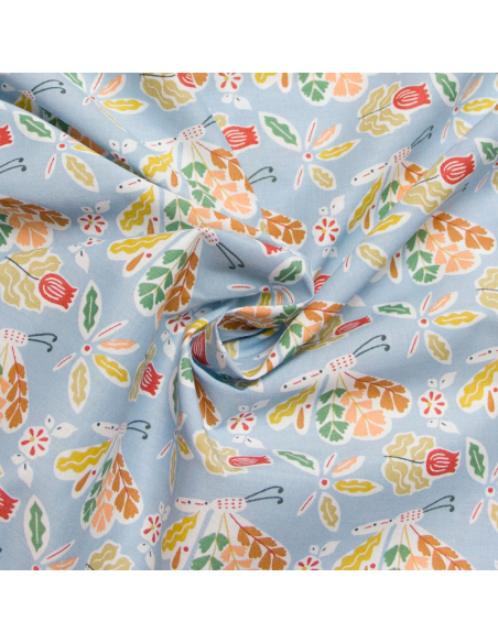 Percale 100% coton peigné luxe - Jardinet fond bleu