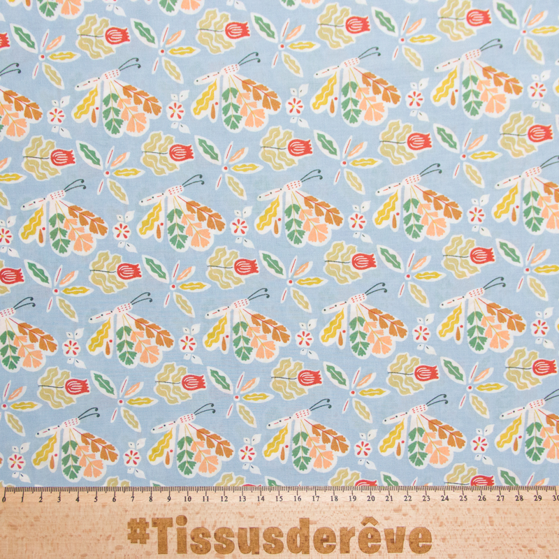 Percale 100% coton peigné luxe - Jardinet fond bleu