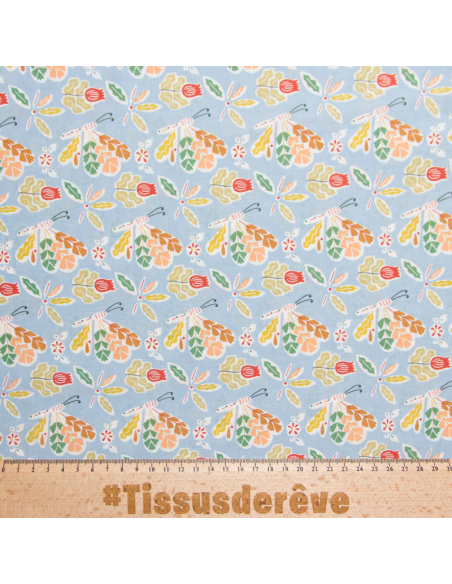 Percale 100% coton peigné luxe - Jardinet fond bleu