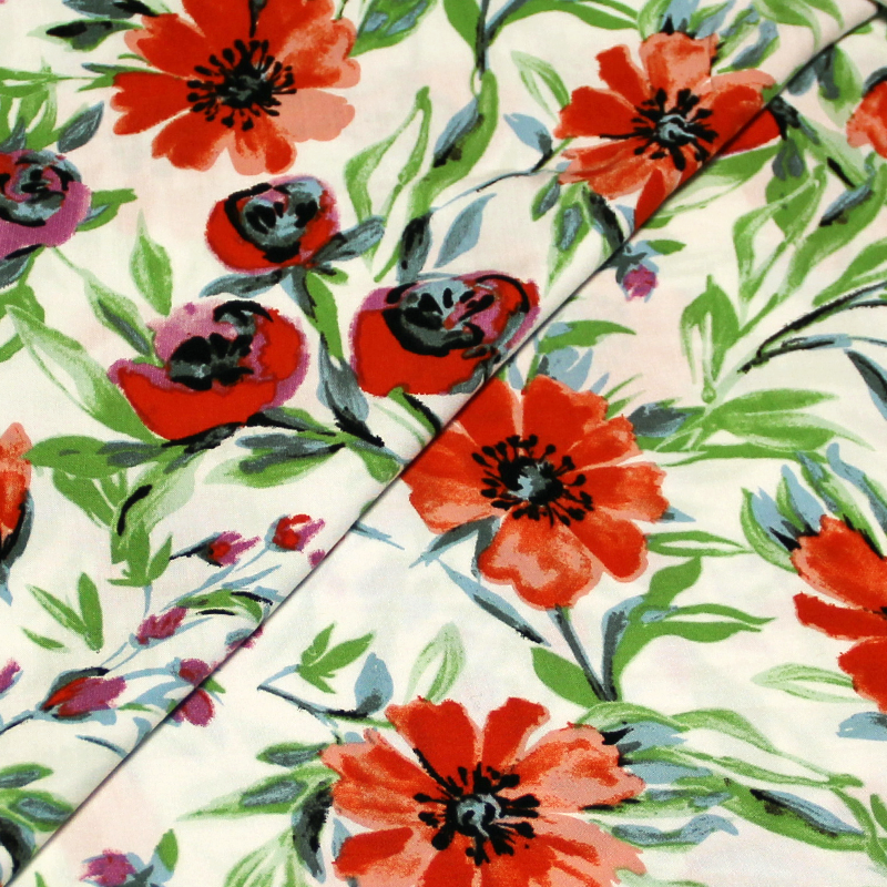 Étoffe 100% viscose - Fleuraison corail