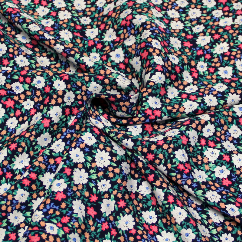 Étoffe 100% viscose - Fleuri ciel sur fond marine fleuri multicolore
