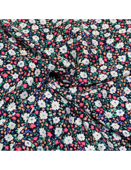 Étoffe 100% viscose - Fleuri ciel sur fond marine fleuri multicolore