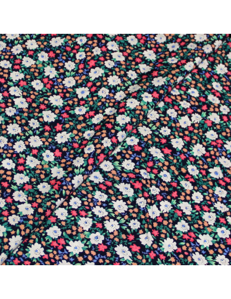 Étoffe 100% viscose - Fleuri ciel sur fond marine fleuri multicolore