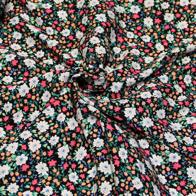 Étoffe 100% viscose - Fleuri ciel sur fond noir fleuri multicolore