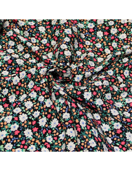 Étoffe 100% viscose - Fleuri ciel sur fond noir fleuri multicolore