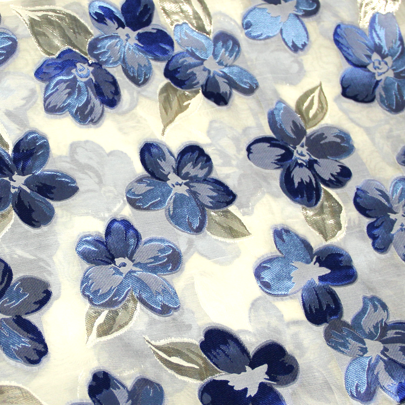 Organza de soie jacquard lancé découpé - Fleuri bleu & argent