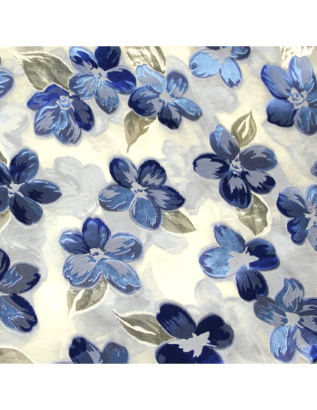 Organza de soie jacquard lancé découpé - Fleuri bleu & argent