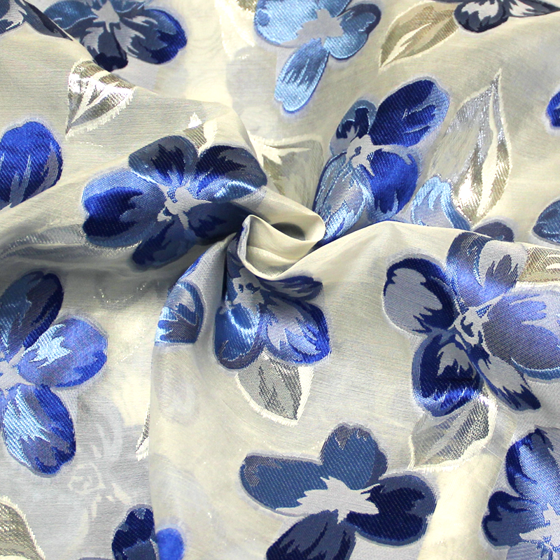 Organza de soie jacquard lancé découpé - Fleuri bleu & argent