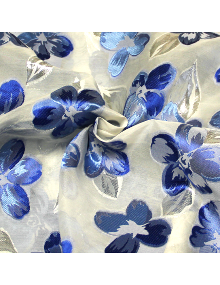 Organza de soie jacquard lancé découpé - Fleuri bleu & argent