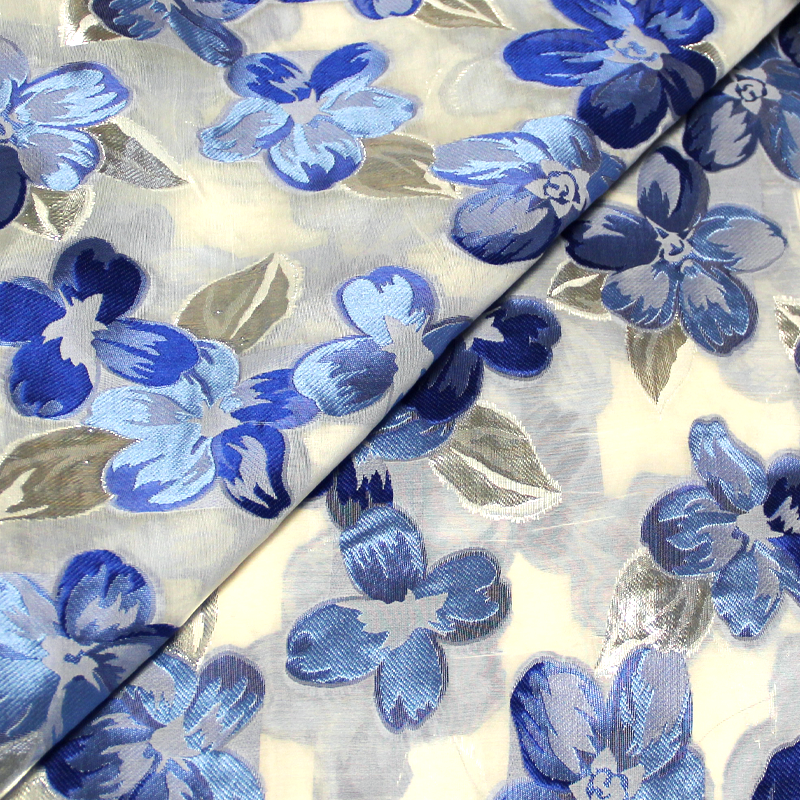 Organza de soie jacquard lancé découpé - Fleuri bleu & argent