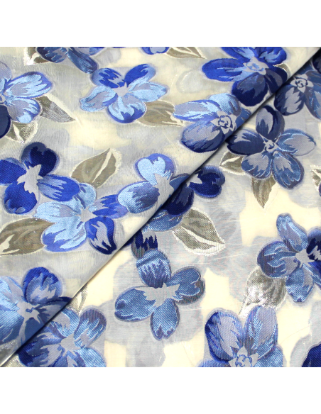 Organza de soie jacquard lancé découpé - Fleuri bleu & argent