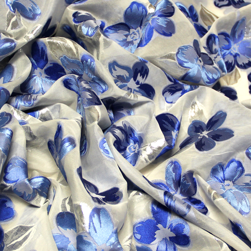 Organza de soie jacquard lancé découpé - Fleuri bleu & argent