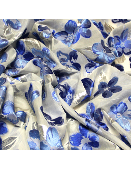 Organza de soie jacquard lancé découpé - Fleuri bleu & argent
