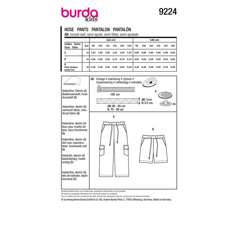 Patron Burda 9224 - Pantalon cargo pour enfants