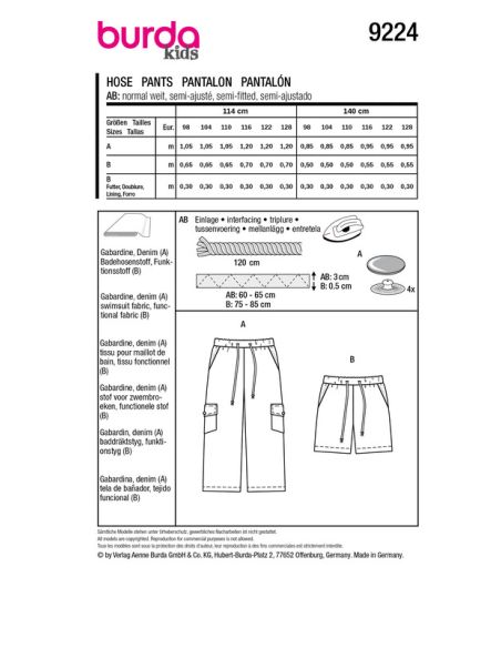 Patron Burda 9224 - Pantalon cargo pour enfants
