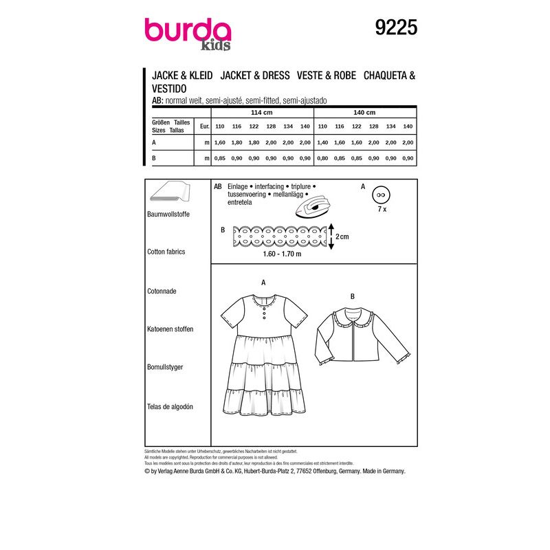 Patron Burda 9225 - Robe a jupe dégradée pour enfants