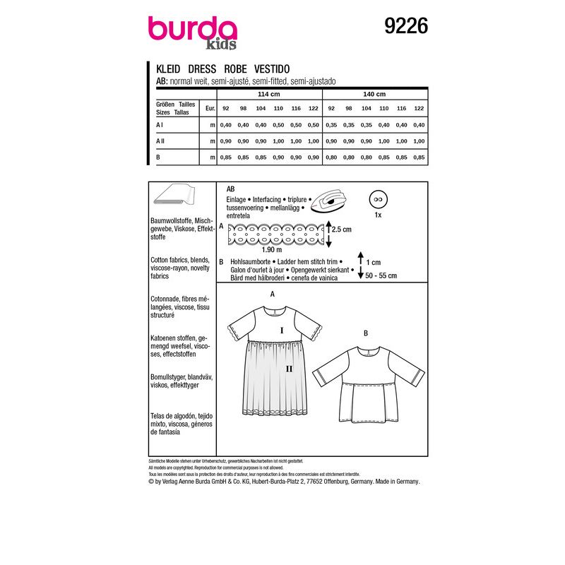 Patron Burda 9226 - Jupe haute pour enfants