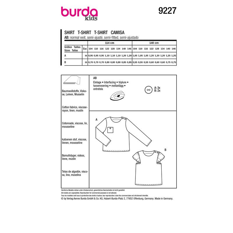 Patron Burda 9227 - T-shirt unisex pour enfants