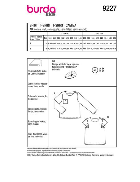 Patron Burda 9227 - T-shirt unisex pour enfants