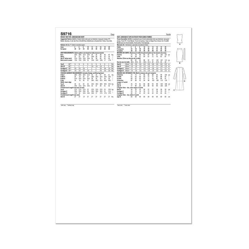 Patron Simplicity 9716.D5 - Haut, cardigan et jupe