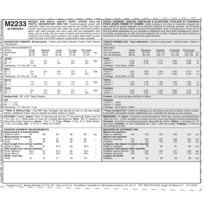 Patron McCall's 2233.S - Veste, chemise, tablier, pantalon, foulard et chapeau