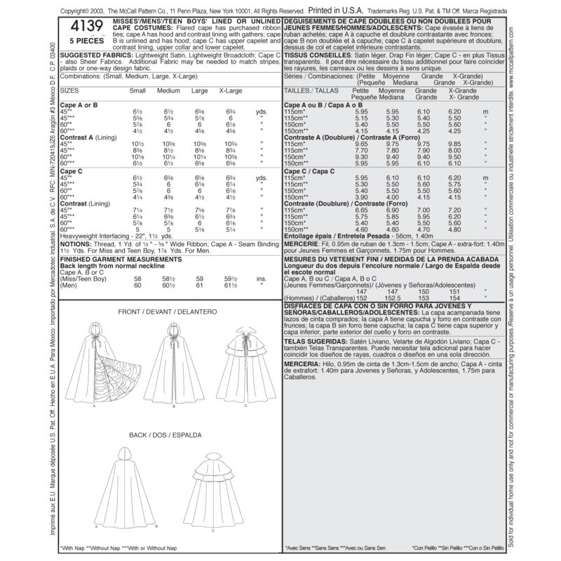 Patron McCall's 4139.OS - Déguisement