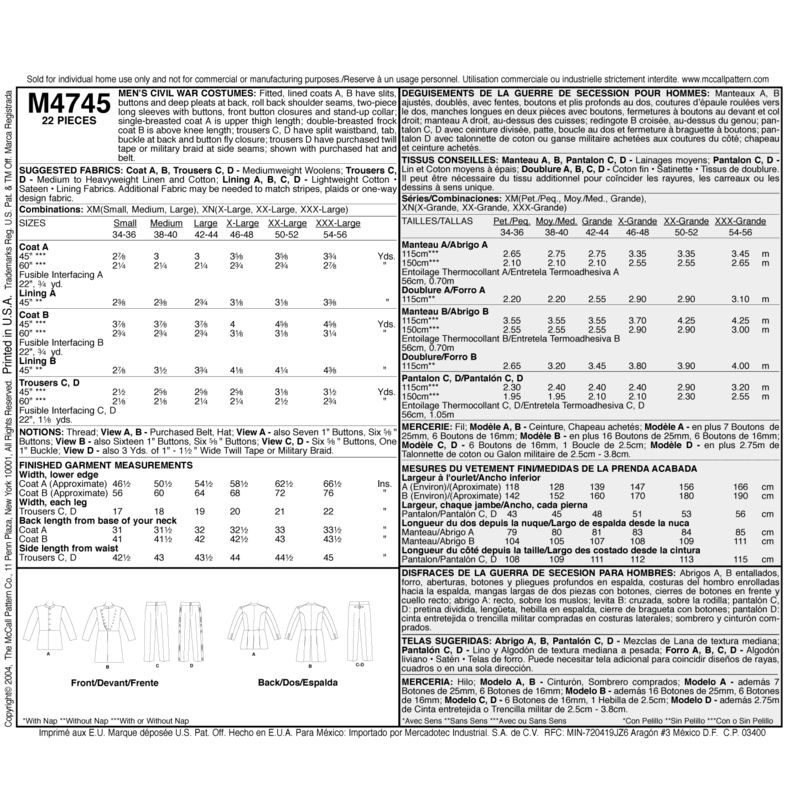 Patron McCall's 4745.XM - Déguisement de la guerre de secession