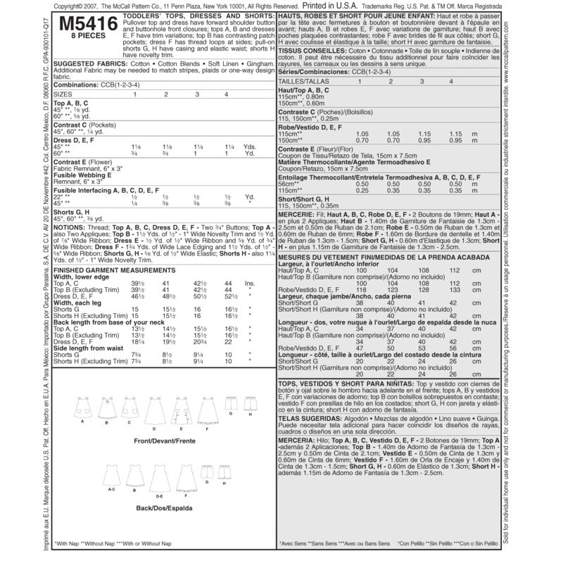 Patron McCall's 5416.CCB - Haut, robe et short