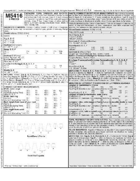 Patron McCall's 5416.CCB - Haut, robe et short