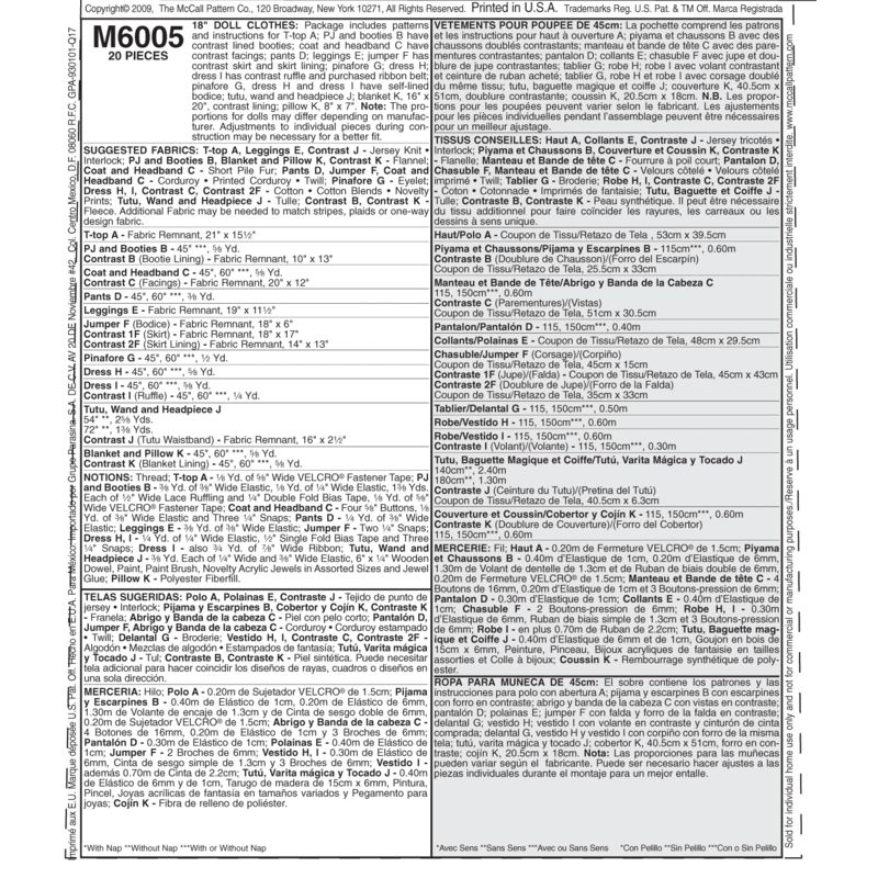 Patron McCall's 6005.OS - Vêtements pour poupée de 46cm