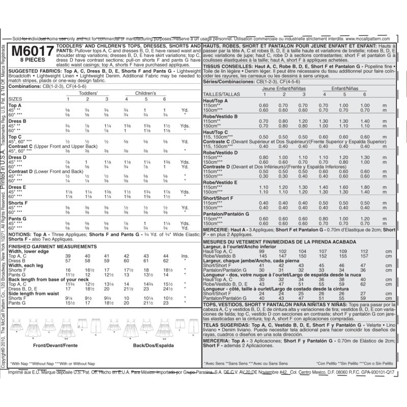 Patron McCall's 6017.CB - Haut, robe, short et pantalon