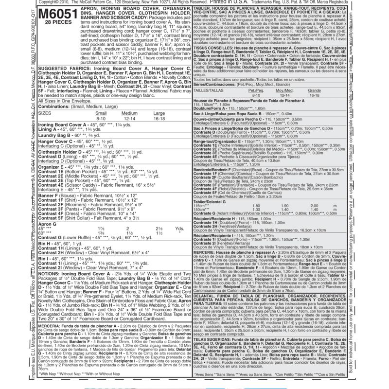 Patron McCall's 6051.OS -Ensembles de patrons pour le repassage