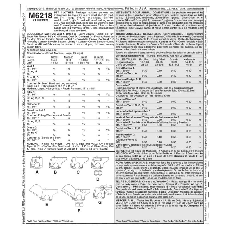 Patron McCall's 6218.OS - Vêtements pour animal domestique