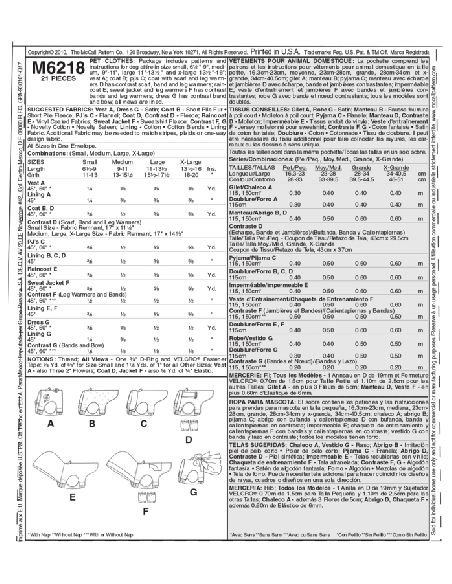 Patron McCall's 6218.OS - Vêtements pour animal domestique